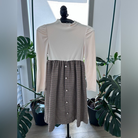 SHEIN Kids Cream and Brown Checkered Casual Dress size 9 - Picture 1 of 6